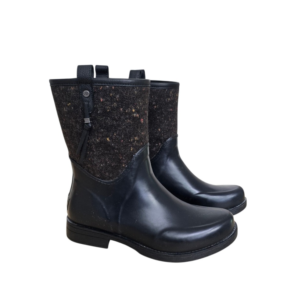 UGG Shaye Tweed Black Rubber Wool Blend Rain Boots Womens Size 10